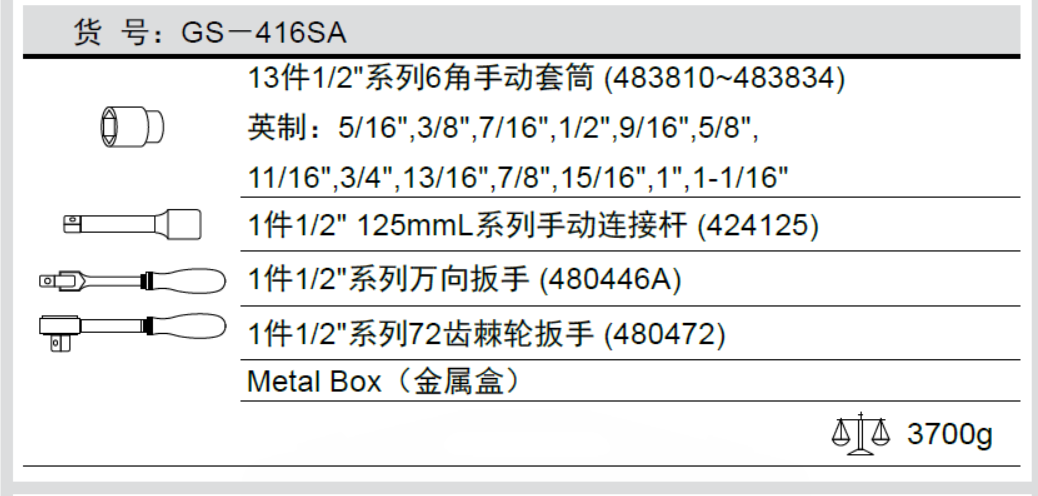 天赋工具16件套英制套筒扳手组GS-416SA